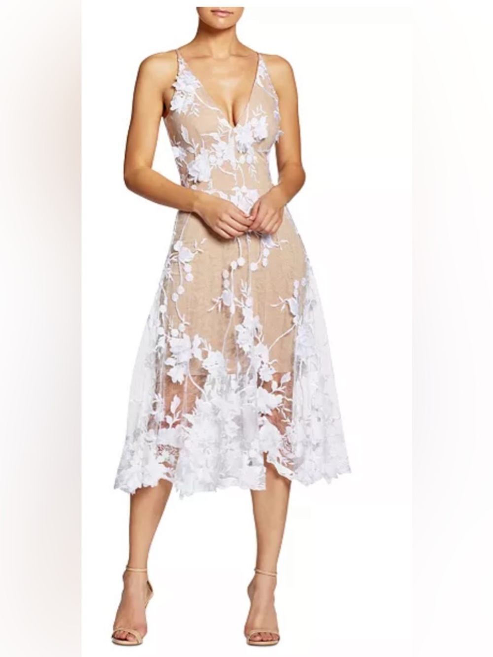 NWT Dress the Population White Floral Appliqué Midi Dress with Nude Slip